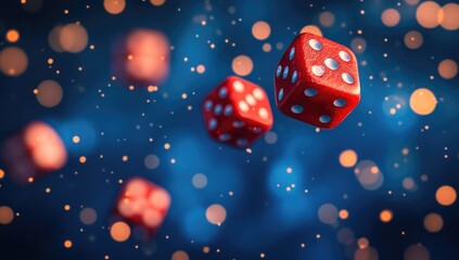 Red dice in mid-air, against a blurred background of sparkling lights