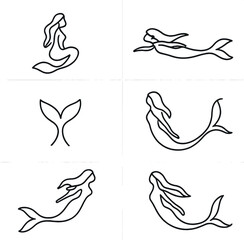 Mermaid silhouettes icons set – outline, sea life and aquatic fantasy symbols