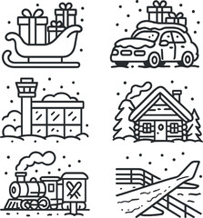 Naklejka premium Holiday and travel icons set – outline, seasonal and vacation-themed designs