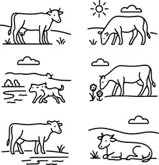 Cow silhouettes icons set – outline, farm animal and pasture design elements