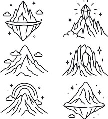 Magical mountain silhouettes icons set – simple, landscape and nature symbols