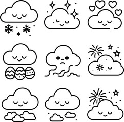 Festive holiday clouds icons set – outline, cheerful and whimsical design elements