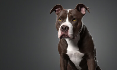 Obraz premium A brown and white dog is sitting on top of a table, looking around
