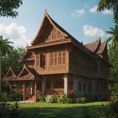 Obraz premium old house on the hill and flower garden