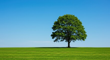 Fototapeta premium Solitary tree symbolizing nature's beauty and serenity, featuring green field and blue sky