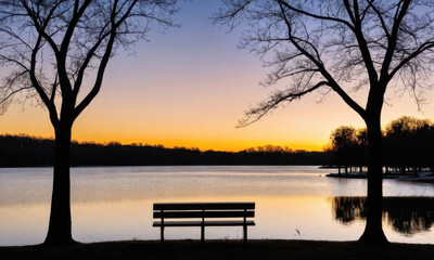 A park bench situated beside a calm body of water, perfect for relaxation or contemplation