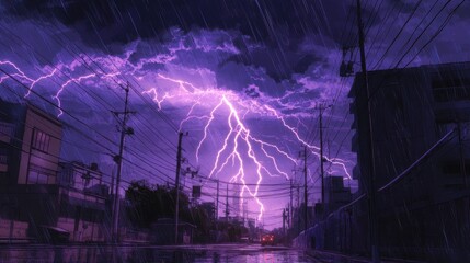 Neon Thunderstorm Over A City Street With The Rain. Dramatic Scenery.