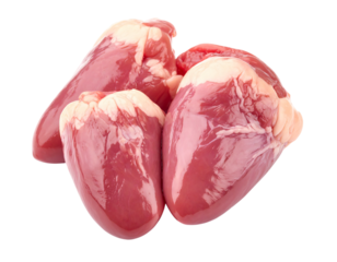 Raw chicken hearts close-up, pinkish-red, surface/fat details, small pile, white background or png.