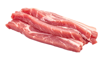 Detailed close-up of fresh, raw pork strips on a white background or png.