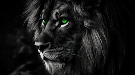 Naklejka premium Majestic Lion Portrait With Striking Green Eyes. Black And White Art.
