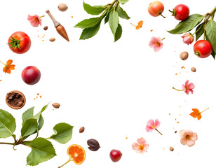 Fresh fruits and flowers arranged in circular pattern