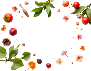 Fresh fruits and flowers arranged in circular pattern