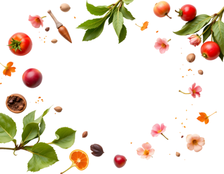 Fresh fruits and flowers arranged in circular pattern