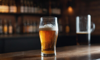 A glass of beer sits atop a wooden table, perfect for a cozy evening or outdoor gathering