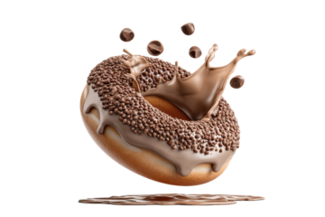 PNG Floating chocolate doughnut with splash and sprinkles