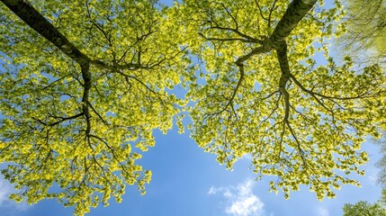 Fototapeta premium Stunning Springtime Canopy Two Trees Blue Sky