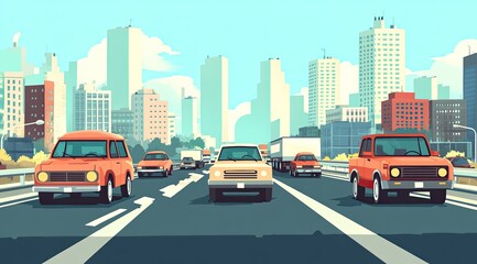 City highway scene with vehicles and skyscrapers