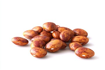 A pile of speckled brown beans against a white background.