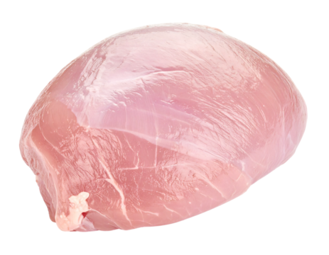 Close-up picture of raw turkey breast, light pink, showing the details of the meat and some skin, on a white background or png.