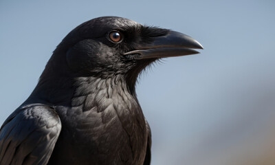 A detailed view of a black bird's feathers against a bright blue sky