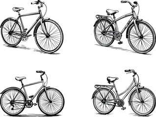 Four Detailed Pen and Ink Bicycle Drawings