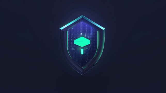 flat design cybersecurity shield with glowing locks and binary code dark blue and green .
