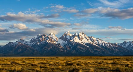 Obraz premium Grand teton range majesty, snow-capped peaks, golden meadow landscape