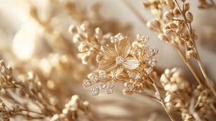 A close-up of intricately designed golden floral jewelry with sparkling details.