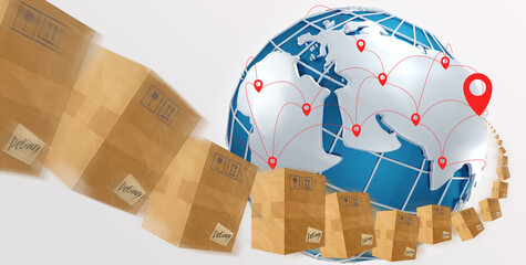 International delivery concept. Collage with parcel boxes flying to their destination on planet...