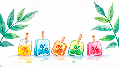Colorful ice pops with percentage symbols on white background  