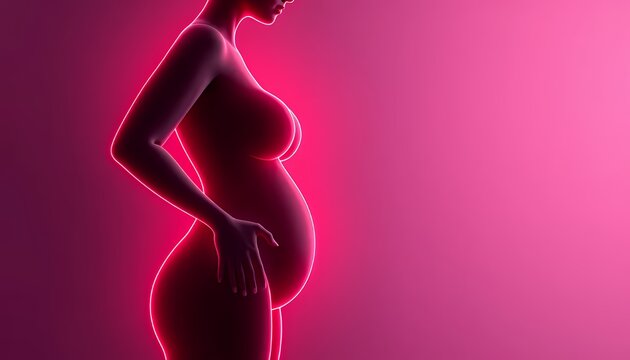 Magenta Neon Silhouette of Pregnant Woman on Gradient Background Maternity Health Rendering For International Women's Day