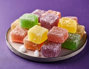 slab jelly gummy square candy colorful desserts with crystallized sugar on purple background