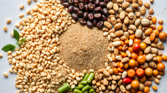 Various grains and legumes in a circular layout