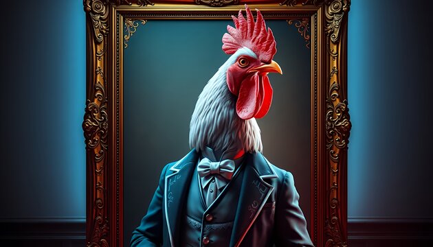 Portrait Of Rooster Head in Formal Suit within Gold Baroque Frame against Dark Teal Backdrop Pixelated Artistic Concept For Print Web And Decoration