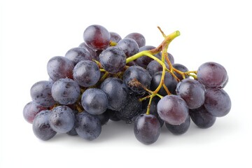 Fototapeta premium A bunch of dark-purple grapes, glistening with water droplets, sits against a bright white background.
