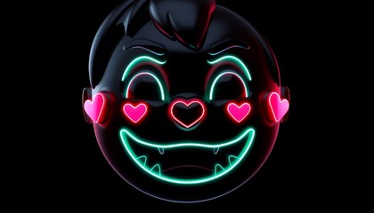 Vibrant Neon Cartoon Face 3D Render with Pink Hearts and Cyan Outlines Isolated on Green Screen Background Ideal for VFX and Game Elements