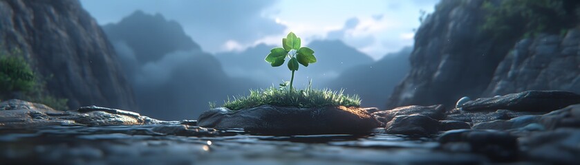 A secluded mountain stream scene with a tiny clover.