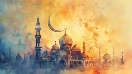 Mosque at Sunset with Crescent Moon