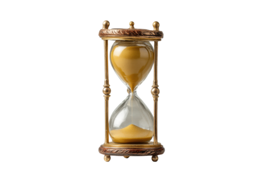PNG Antique brass hourglass with flowing sand on black background for time concept