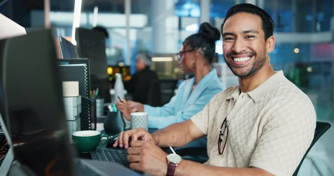 Computer, face and laughing with programmer man at desk in office as graphic designer for software development. Business, coding and web design with funny developer at work for virtual update
