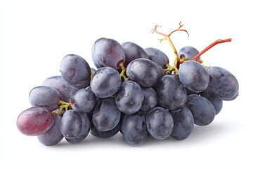 Fototapeta premium A bunch of dark-purple grapes, glistening with moisture, sits on a white background.