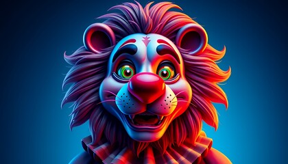 Fototapeta premium Cartoon Lion with Clown Face and Red Nose in Vivid Colors against Gradient Background Character for Kids Illustration Playful Amusement