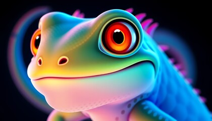 Cartoon Lizard Close-Up with Rainbow Gradient Lighting in Blue Pink and Orange Isolated on Dark Background