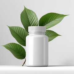 Mockup empty, a blank supplement bottle, on a clean white background, with leaf behind