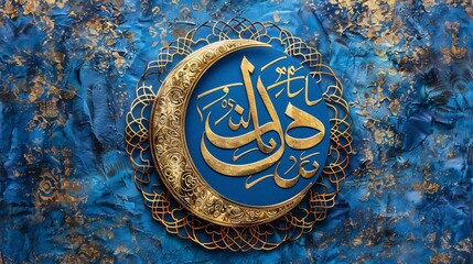 Arabic Calligraphy Crescent Moon Gold Blue Background