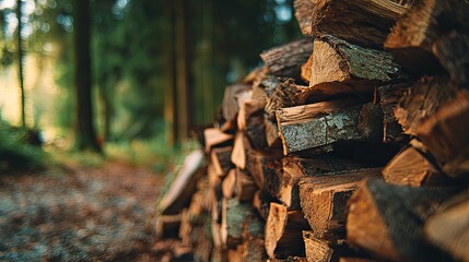 Stacked chopped firewood pile arranged neatly in rustic outdoor setting under natural daylight, showcasing rough wooden texture, seasonal warmth, forestry resources, and rural lifestyle concept