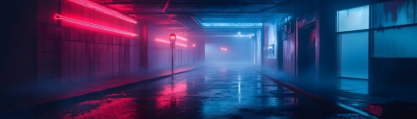 Neon-lit alleyway bathed in vibrant hues.