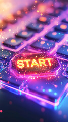 A glowing "START" button on a futuristic keyboard, illuminated by vibrant neon lights