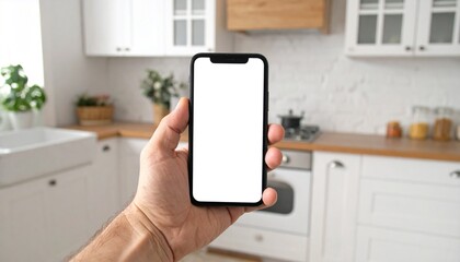 Maqueta de Celular en Cocina Moderna: Mano Sosteniendo Smartphone con Pantalla Blanca sobre Encimera con Ingredientes Frescos

