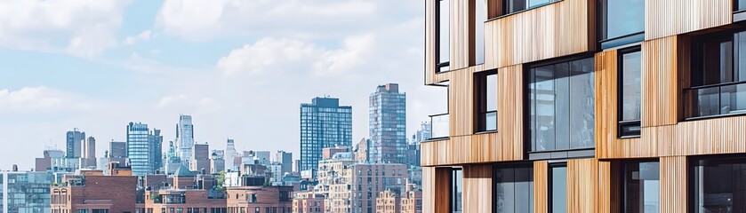 Modern apartment building facade against a city skyline.